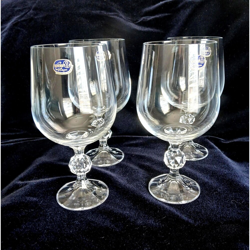 Bohemia Crystal Wine Goblets Set of 4 • Czech Faceted Stem Glasses